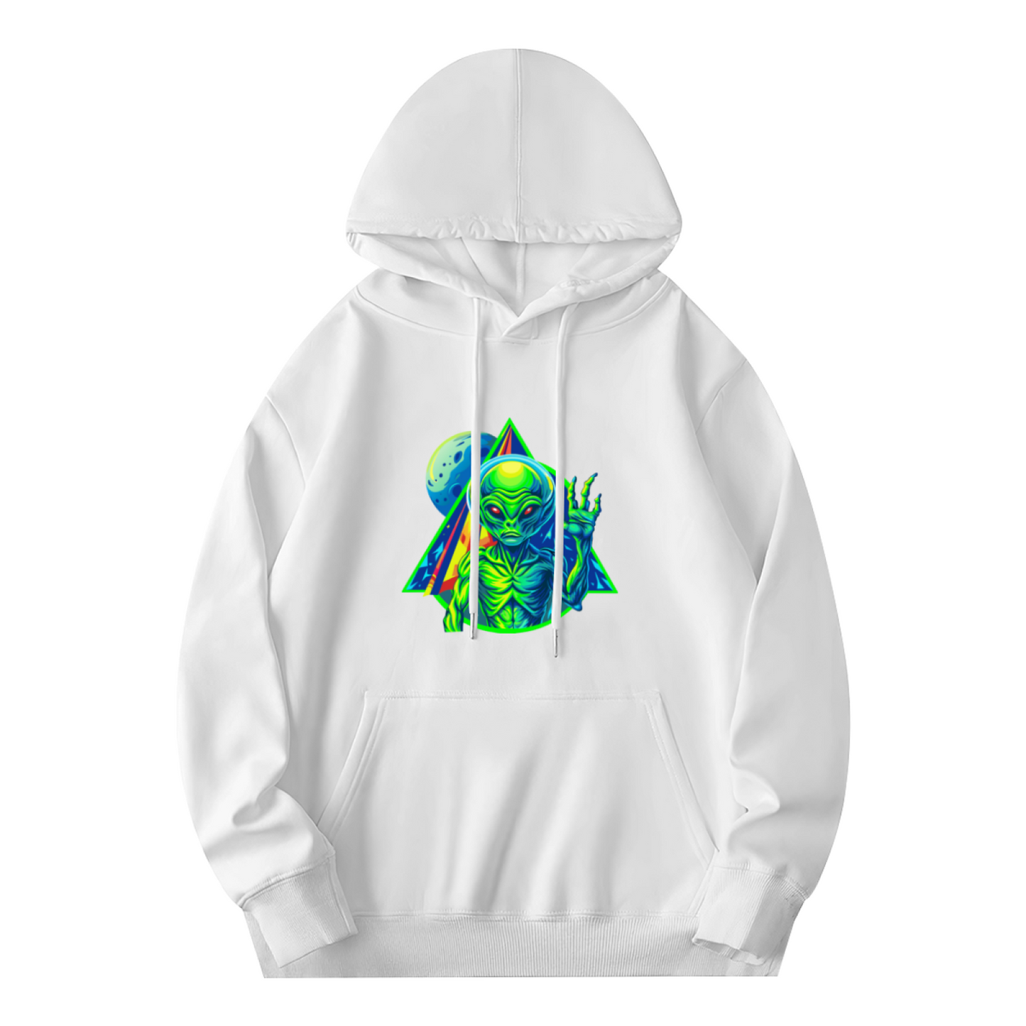 Trippy Neon Alien UFO White Hoodie, Oversized Comfort Psychedelic Sweatshirt