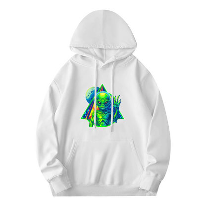 Trippy Neon Alien UFO White Hoodie, Oversized Comfort Psychedelic Sweatshirt