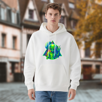 Trippy Neon Alien UFO White Hoodie, Oversized Comfort Psychedelic Sweatshirt