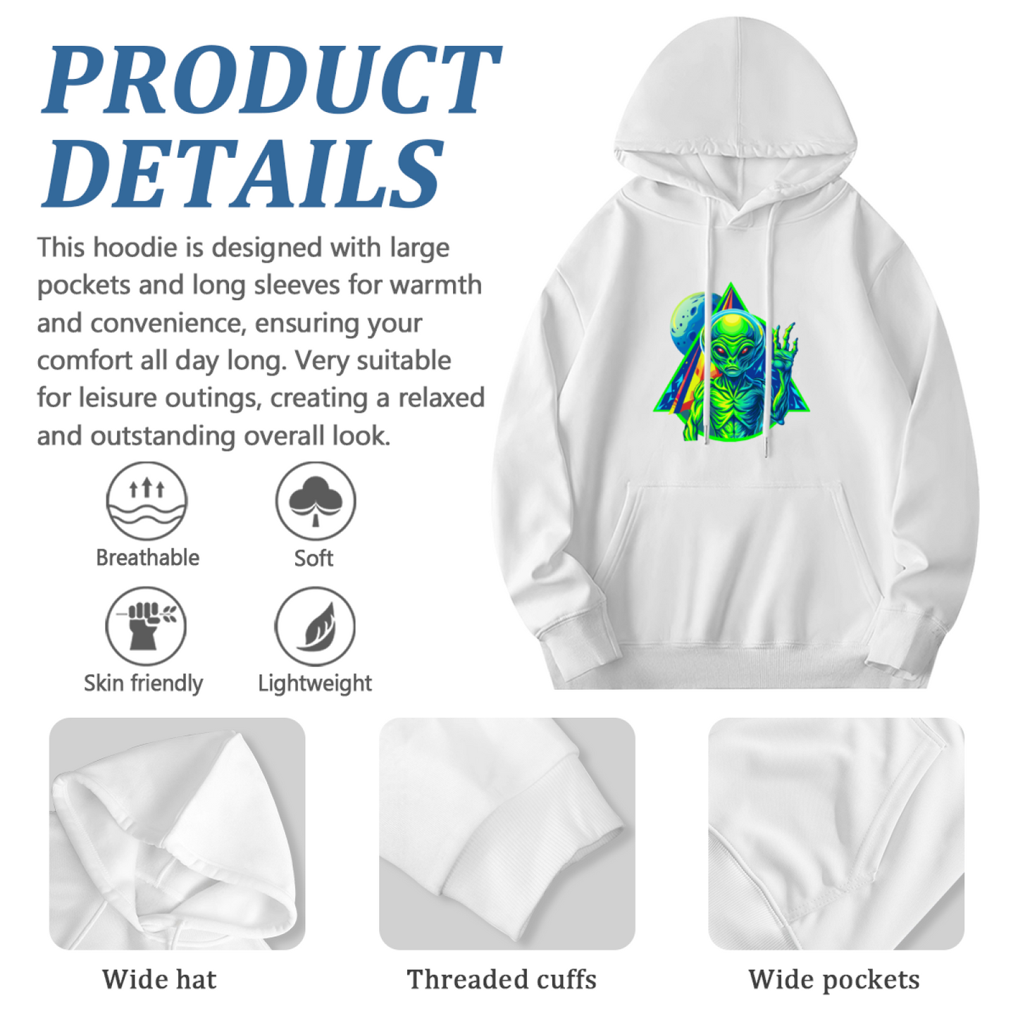 Trippy Neon Alien UFO White Hoodie, Oversized Comfort Psychedelic Sweatshirt