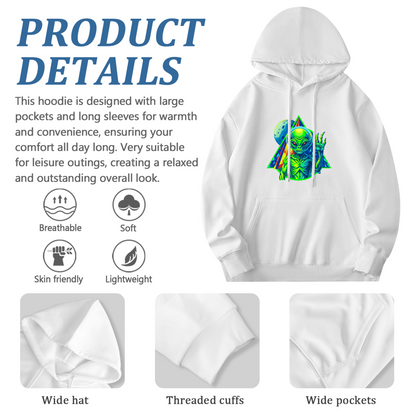 Trippy Neon Alien UFO White Hoodie, Oversized Comfort Psychedelic Sweatshirt