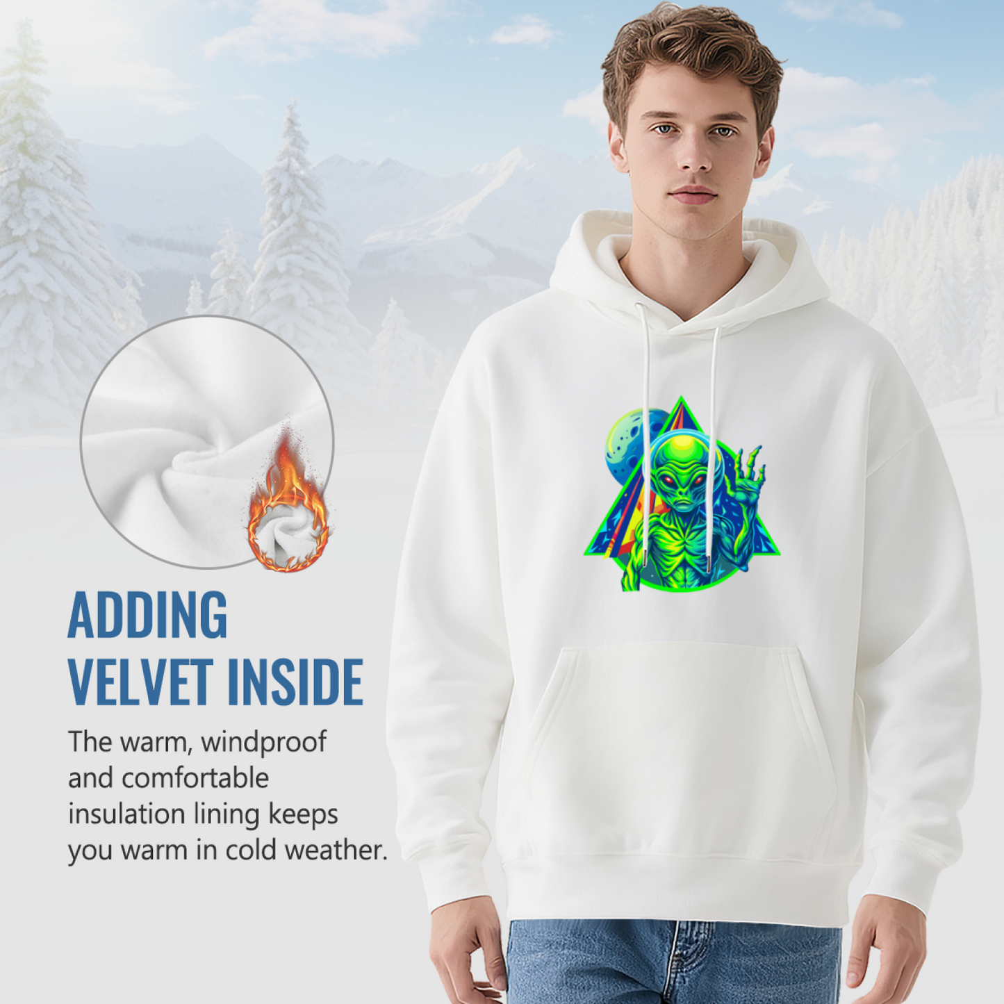 Trippy Neon Alien UFO White Hoodie, Oversized Comfort Psychedelic Sweatshirt