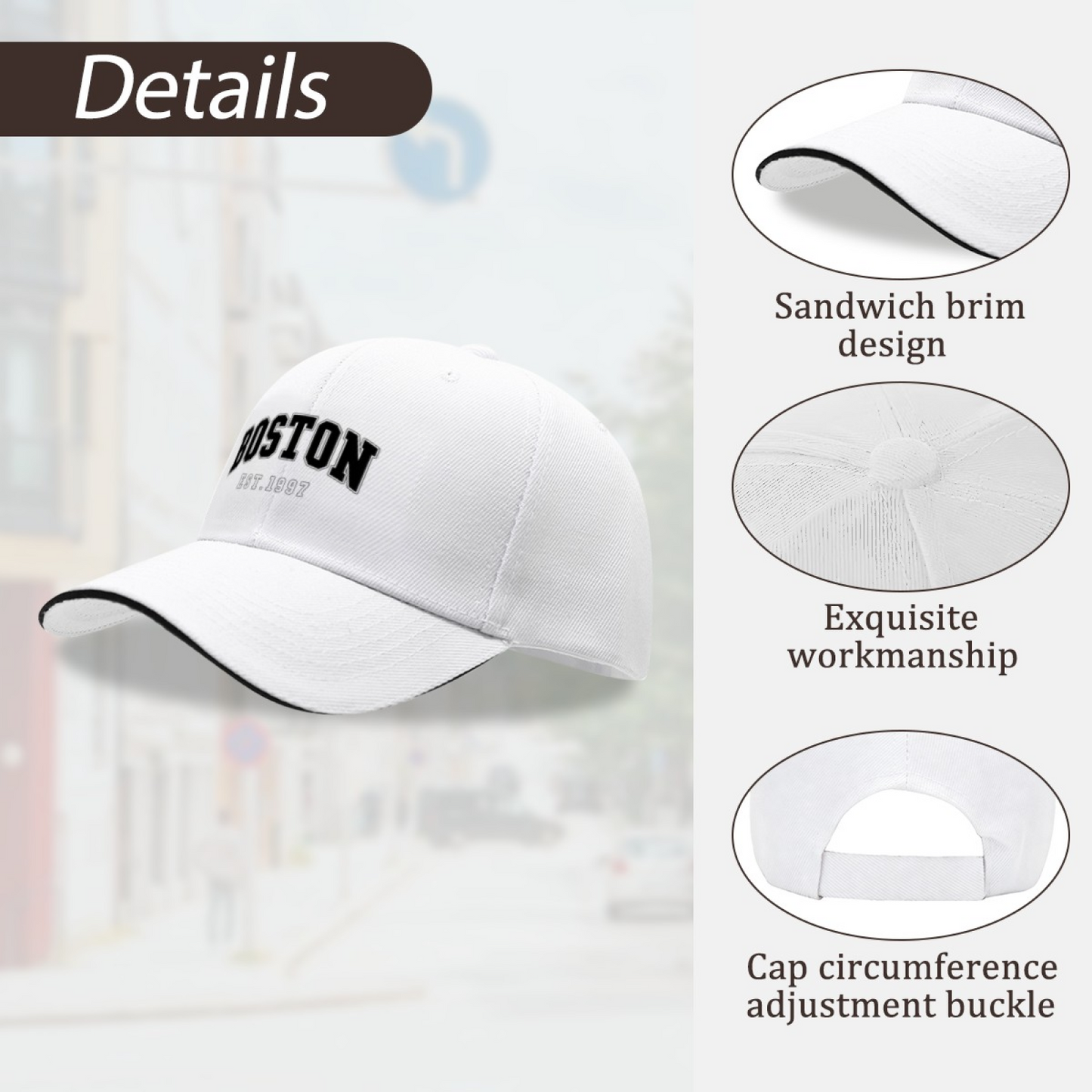 Retro BOSTON EST.1997 White Sandwich Brim Baseball Cap College Vibe Hat