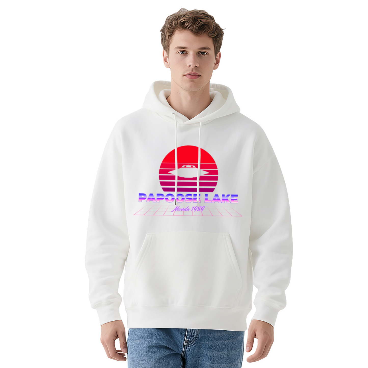 Retro Papoose Lake Nevada 1950 UFO Graphic White Hoodie, Soft & Cozy, Unisex