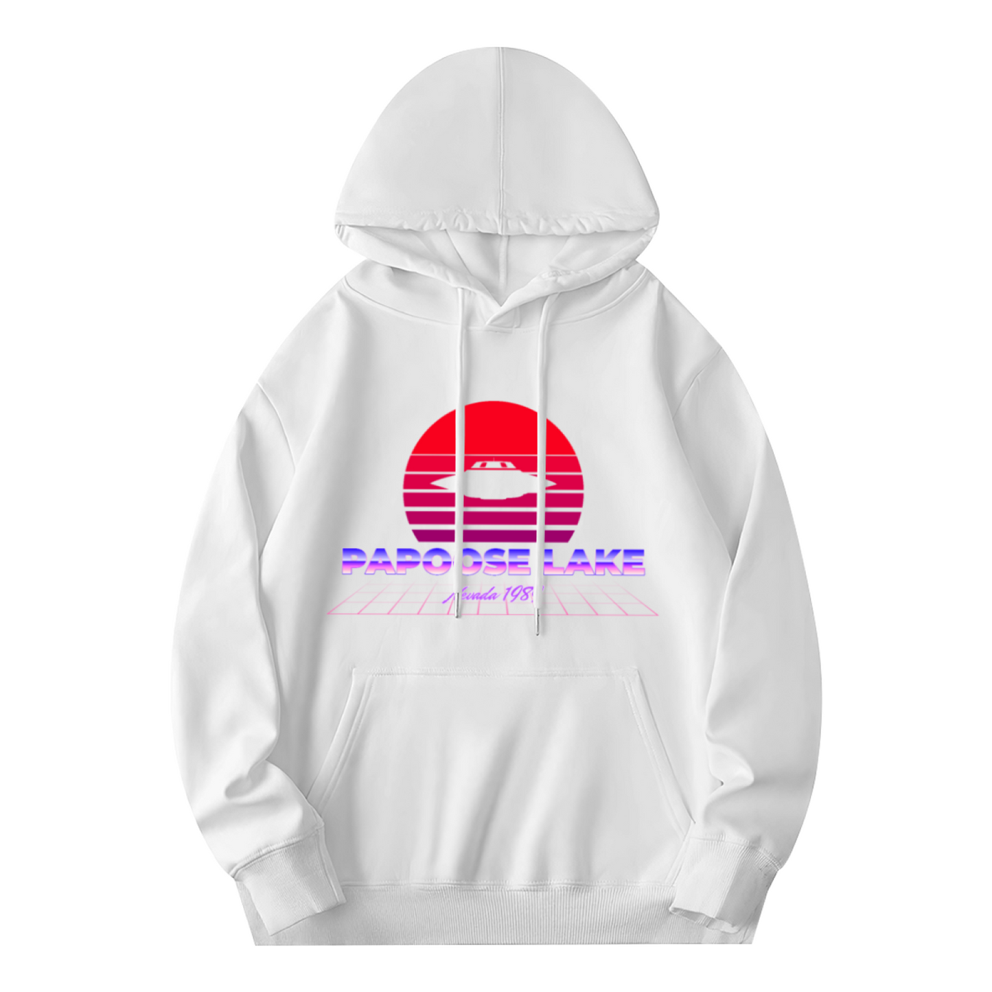 Retro Papoose Lake Nevada 1950 UFO Graphic White Hoodie, Soft & Cozy, Unisex