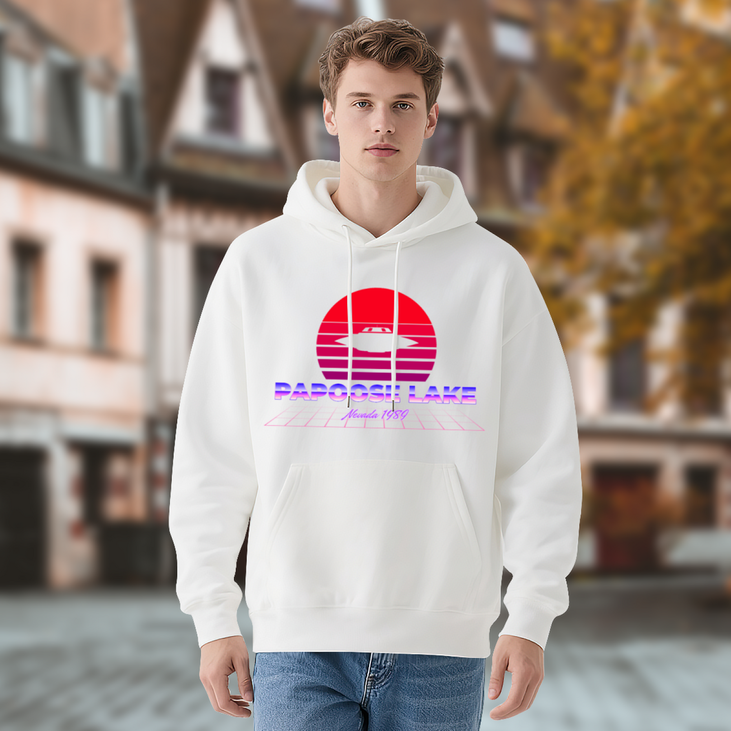 Retro Papoose Lake Nevada 1950 UFO Graphic White Hoodie, Soft & Cozy, Unisex