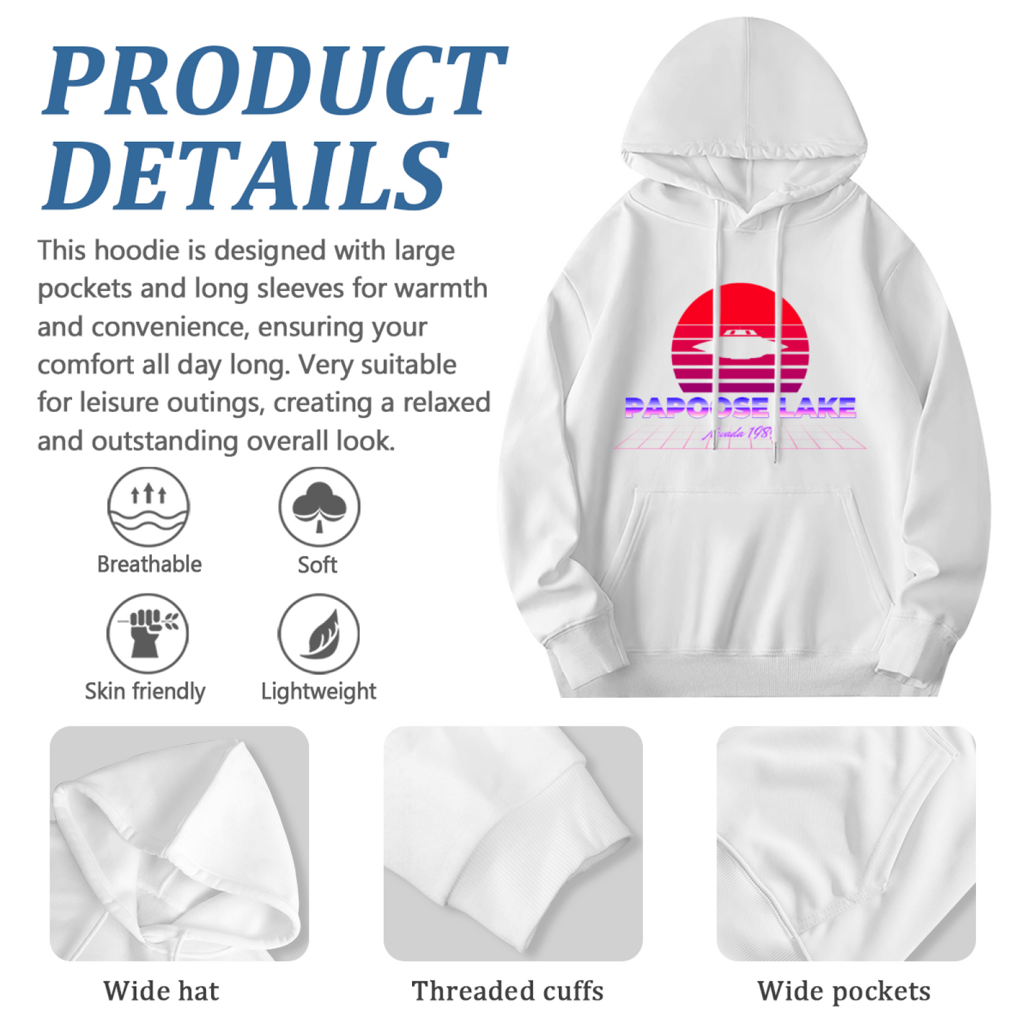 Retro Papoose Lake Nevada 1950 UFO Graphic White Hoodie, Soft & Cozy, Unisex