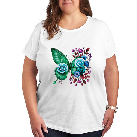 Vibrant Green Floral Butterfly Watercolor Art Plus Size Women Printed T-Shirt