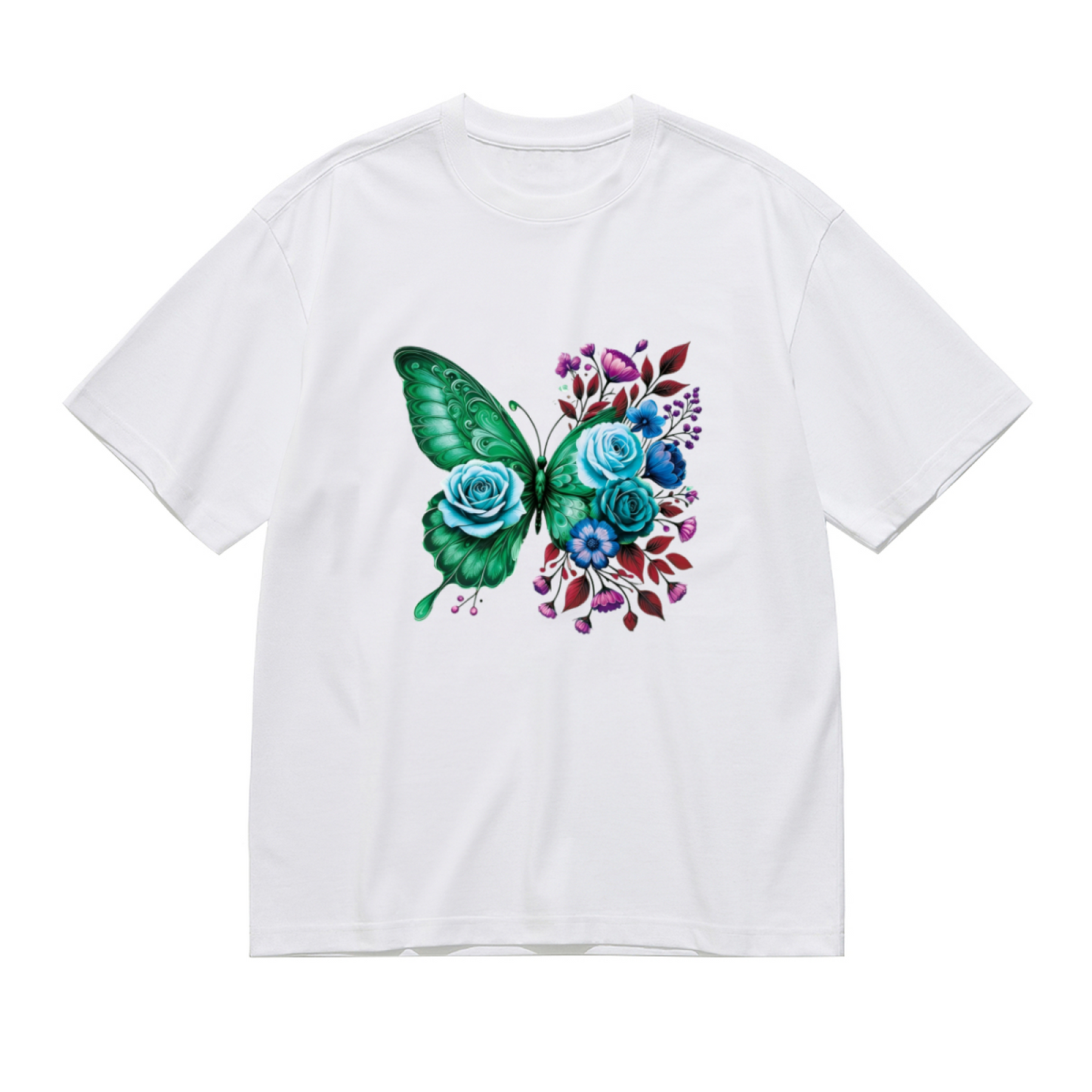Vibrant Green Floral Butterfly Watercolor Art Plus Size Women Printed T-Shirt