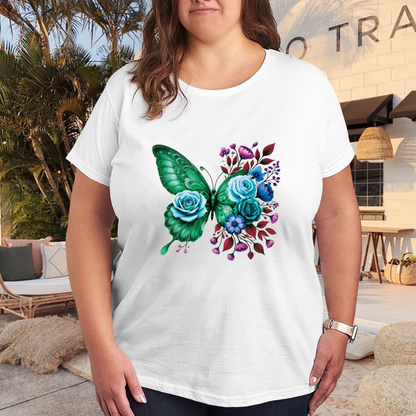 Vibrant Green Floral Butterfly Watercolor Art Plus Size Women Printed T-Shirt