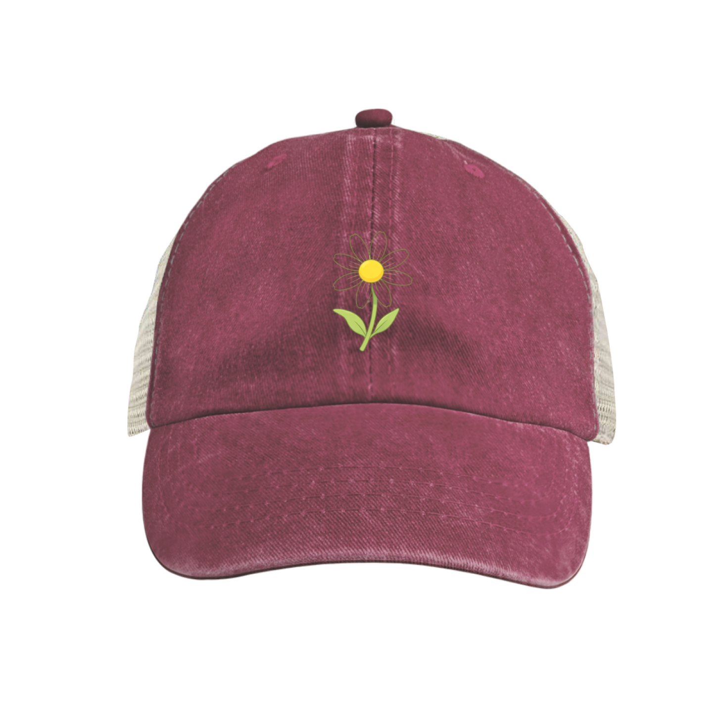 Cute Daisy Flower Burgundy Distressed Mesh Floral Casual Women Trucker Cap