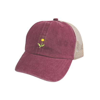 Cute Daisy Flower Burgundy Distressed Mesh Floral Casual Women Trucker Cap