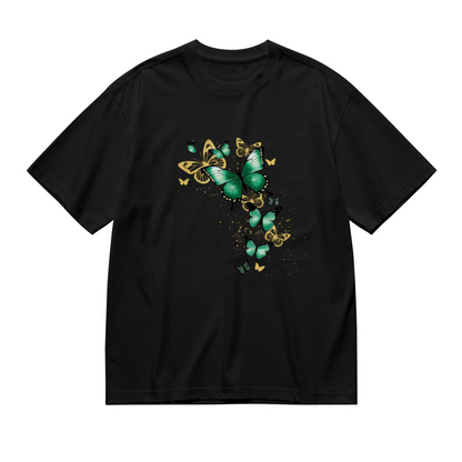 Glitter Green Golden Butterfly Black Crew Neck Plus Size Women¡¯s Printed T-Shirt