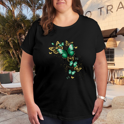 Glitter Green Golden Butterfly Black Crew Neck Plus Size Women¡¯s Printed T-Shirt