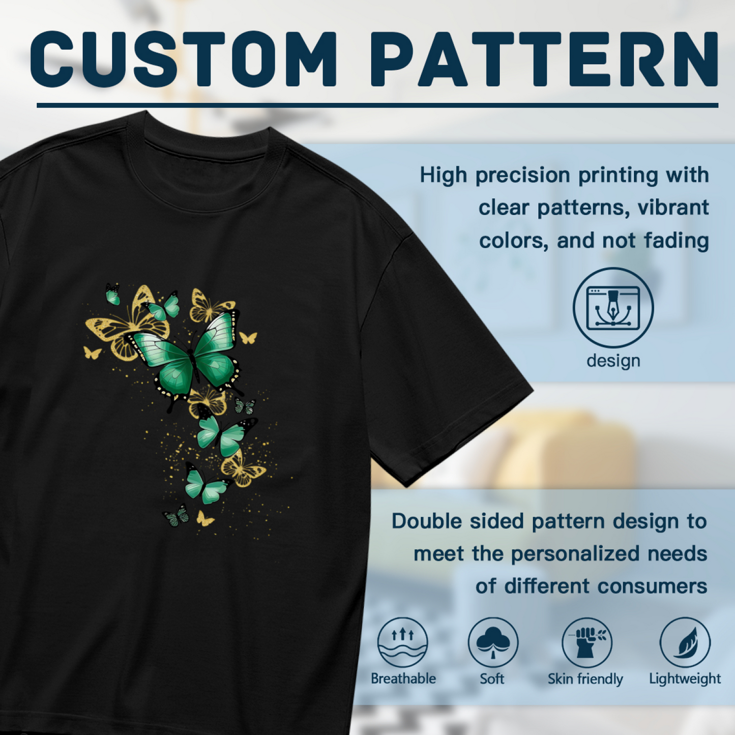 Glitter Green Golden Butterfly Black Crew Neck Plus Size Women¡¯s Printed T-Shirt
