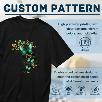 Glitter Green Golden Butterfly Black Crew Neck Plus Size Women¡¯s Printed T-Shirt