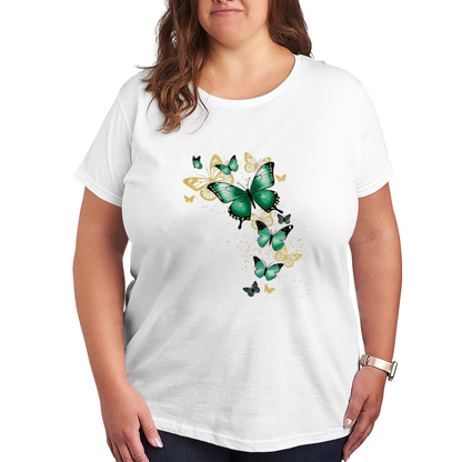 Glitter Green Golden Butterfly Black Crew Neck Plus Size Women¡¯s Printed T-Shirt