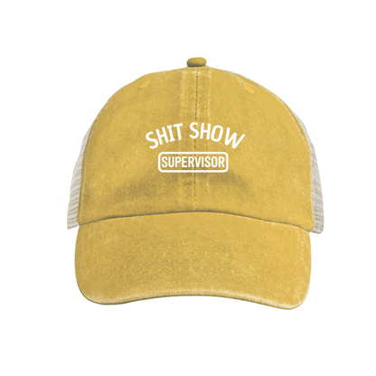 Shit Show Supervisor Humorous Office Meme Washed Trucker Hat, Vintage Blue Breathable Mesh Back Cap