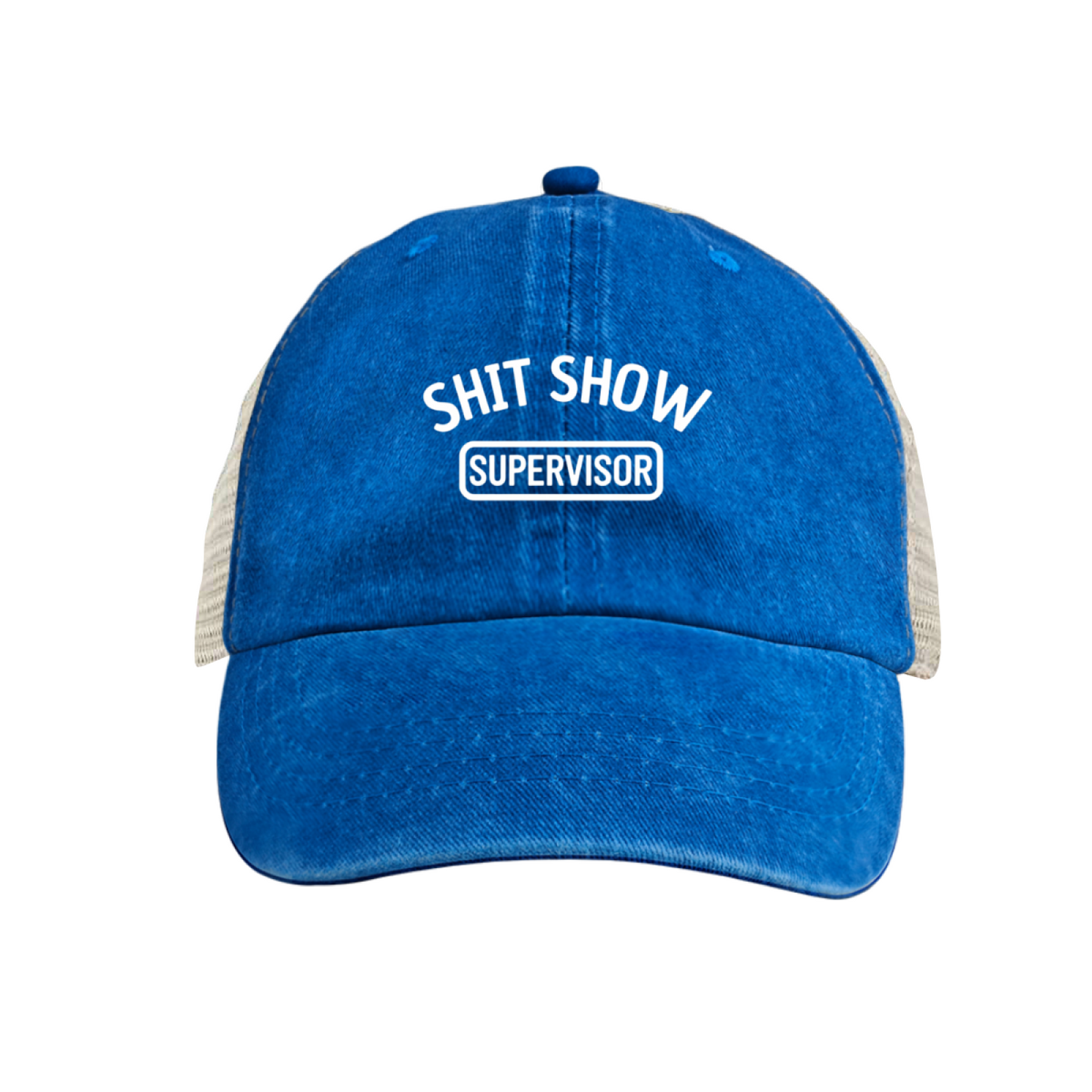 Shit Show Supervisor Humorous Office Meme Washed Trucker Hat, Vintage Blue Breathable Mesh Back Cap