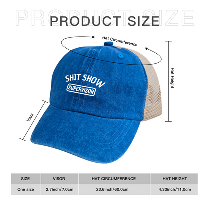Shit Show Supervisor Humorous Office Meme Washed Trucker Hat, Vintage Blue Breathable Mesh Back Cap