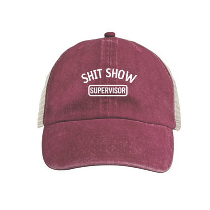 Shit Show Supervisor Humorous Office Meme Washed Trucker Hat, Vintage Blue Breathable Mesh Back Cap