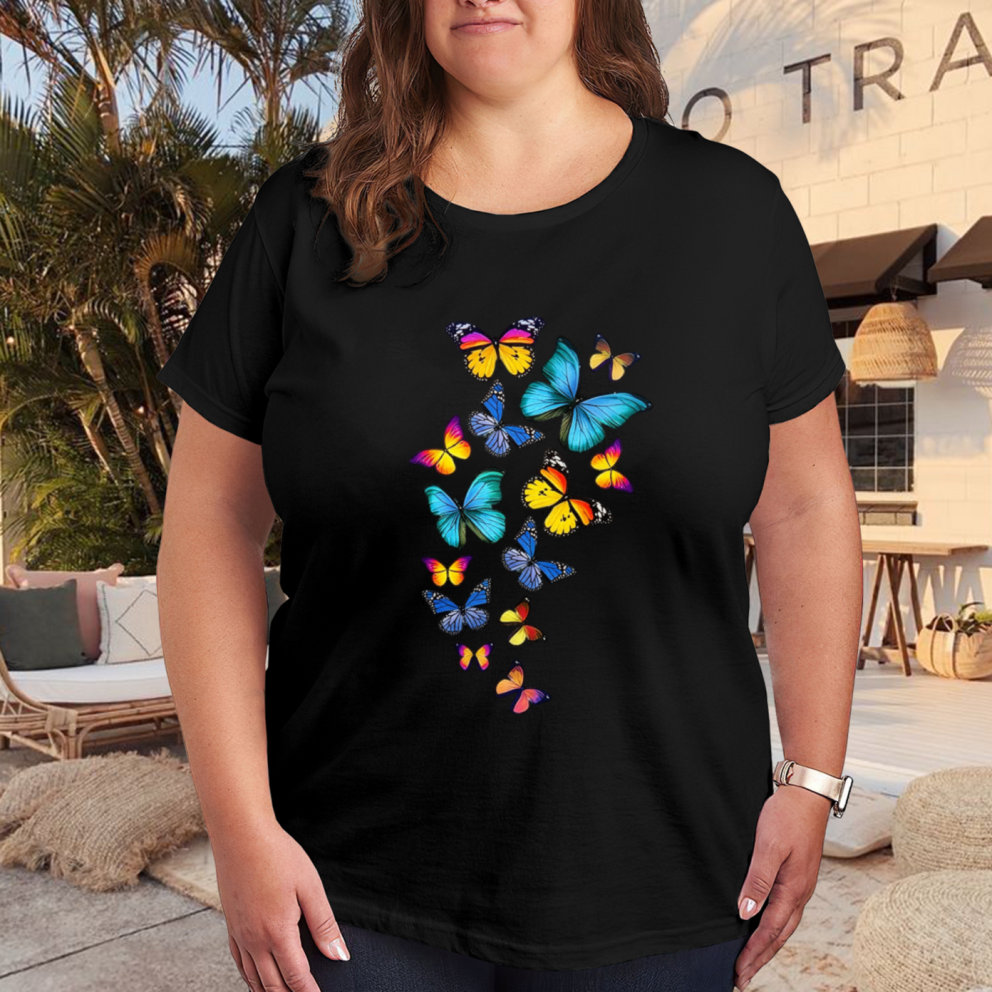 Bright Tropical Blue Butterfly Cluster Plus Size Women Printed T-Shirt