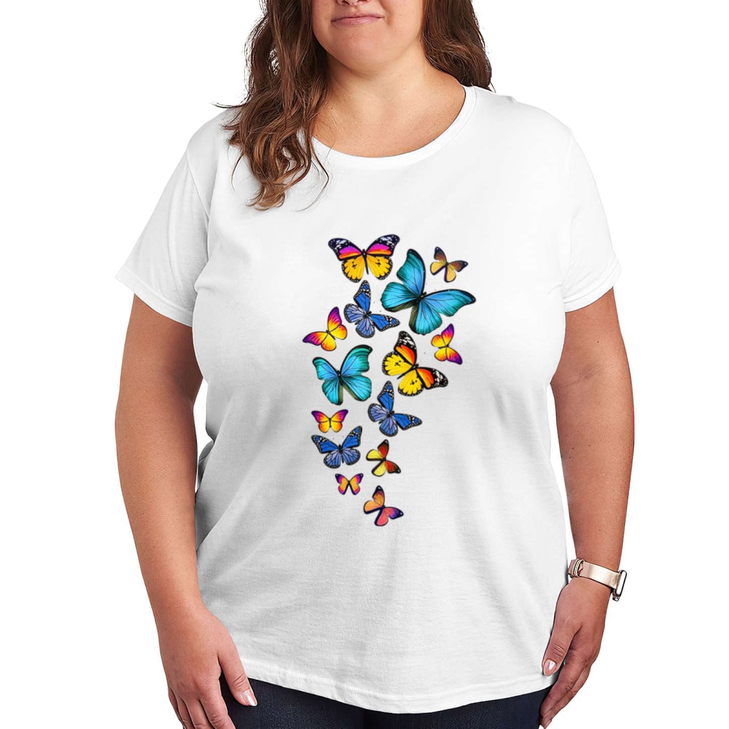 Bright Tropical Blue Butterfly Cluster Plus Size Women Printed T-Shirt