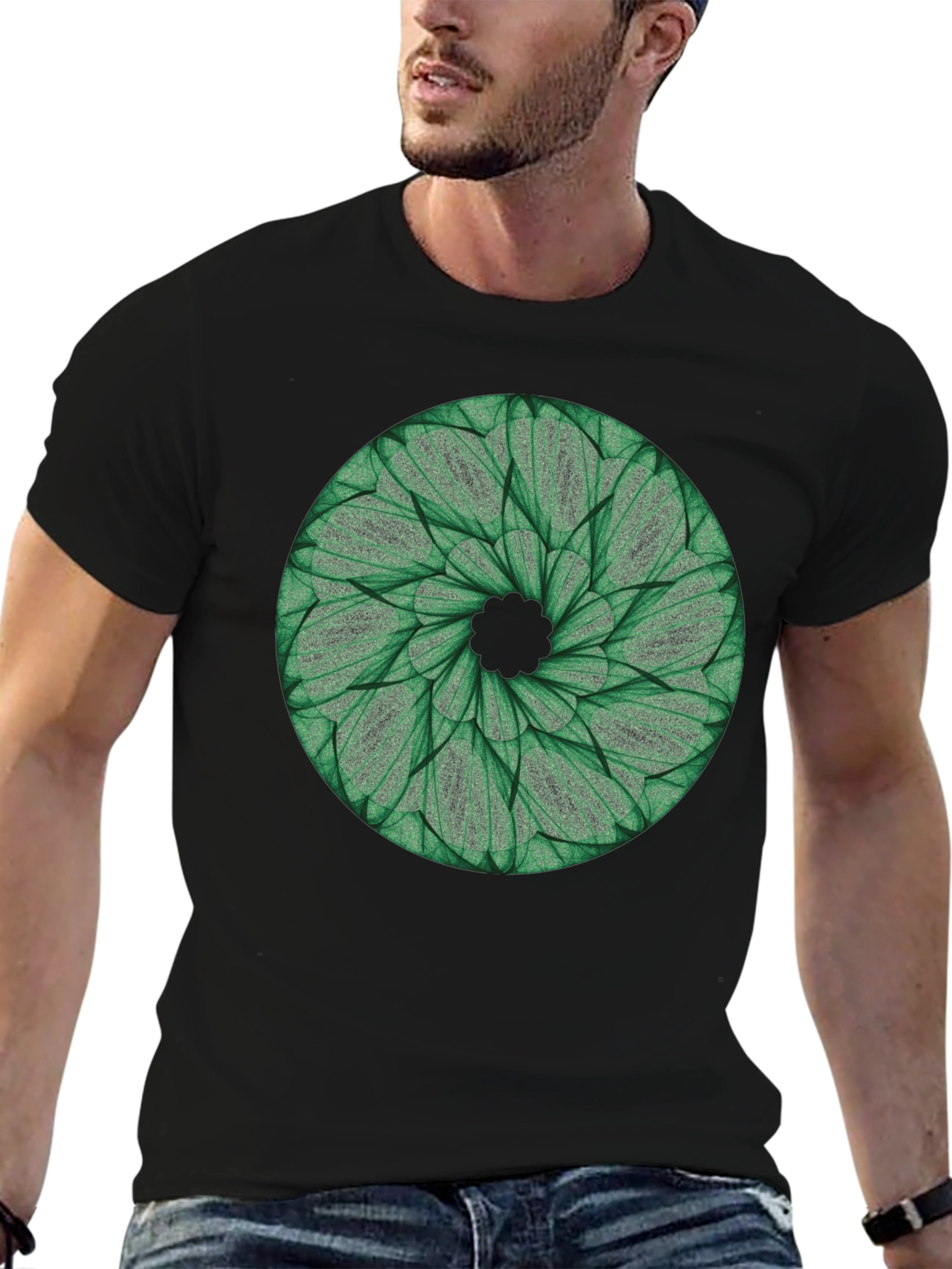 Green Leaf Mandala T-Shirt - Nature Inspired Design