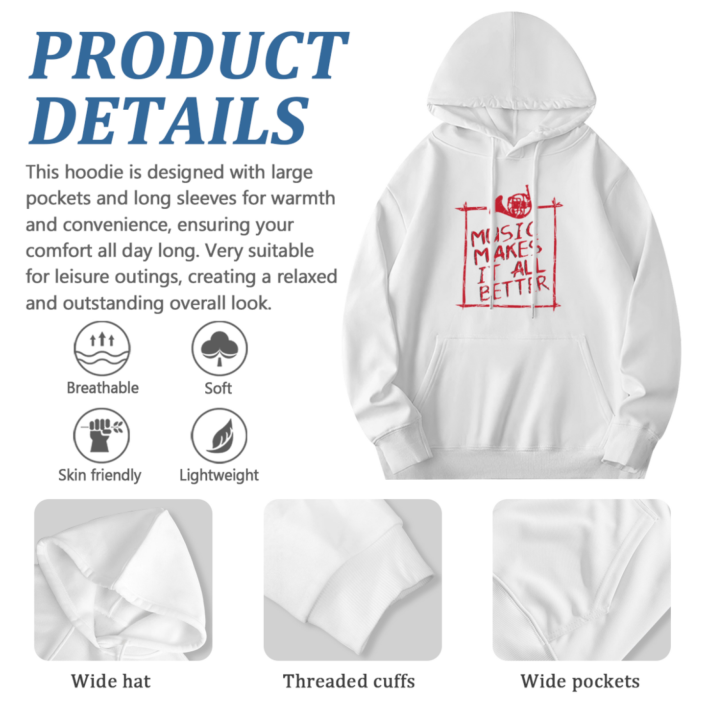 Music Makes It All Better French Horn White Hoodie, Soft Music Fan Casual Hoodie