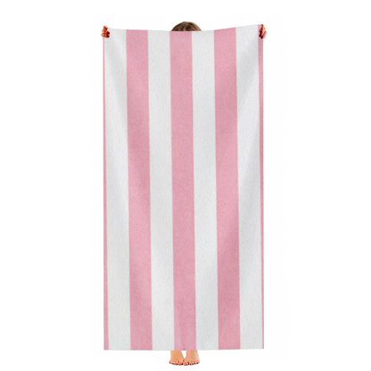 Soft Pink White Vertical Striped Beach Towel, Fluffy Comfortable Texture, Strong Water Absorbent Performance, Multiple Length Sizes Ideal for Spa Bath Beach Relax