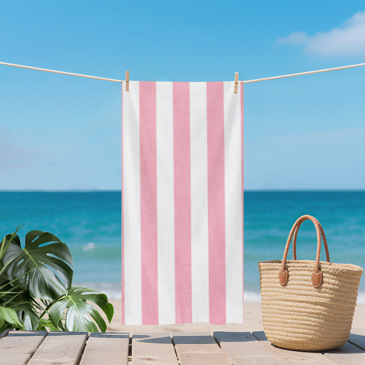 Soft Pink White Vertical Striped Beach Towel, Fluffy Comfortable Texture, Strong Water Absorbent Performance, Multiple Length Sizes Ideal for Spa Bath Beach Relax