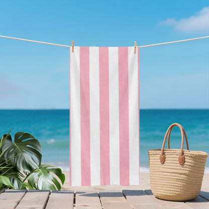 Soft Pink White Vertical Striped Beach Towel, Fluffy Comfortable Texture, Strong Water Absorbent Performance, Multiple Length Sizes Ideal for Spa Bath Beach Relax
