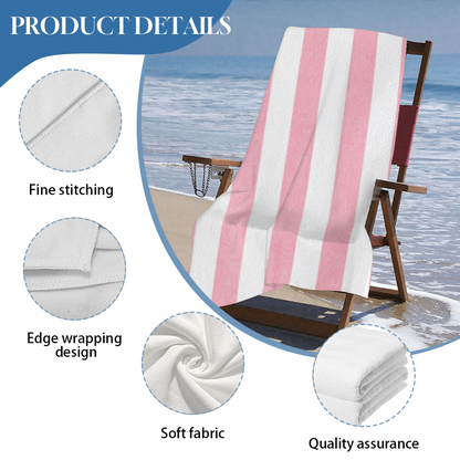 Soft Pink White Vertical Striped Beach Towel, Fluffy Comfortable Texture, Strong Water Absorbent Performance, Multiple Length Sizes Ideal for Spa Bath Beach Relax