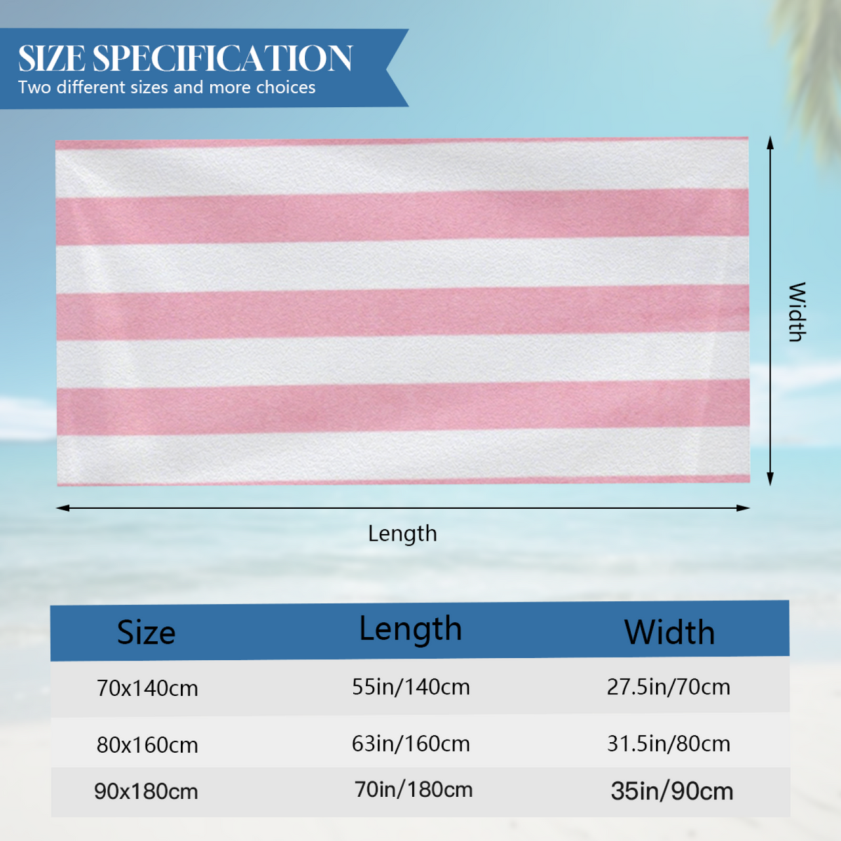 Soft Pink White Vertical Striped Beach Towel, Fluffy Comfortable Texture, Strong Water Absorbent Performance, Multiple Length Sizes Ideal for Spa Bath Beach Relax