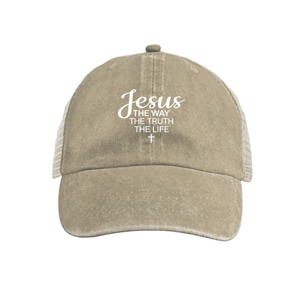 Jesus The Way Truth Life Cross Burgundy Vintage Mesh Religious Trucker Hat