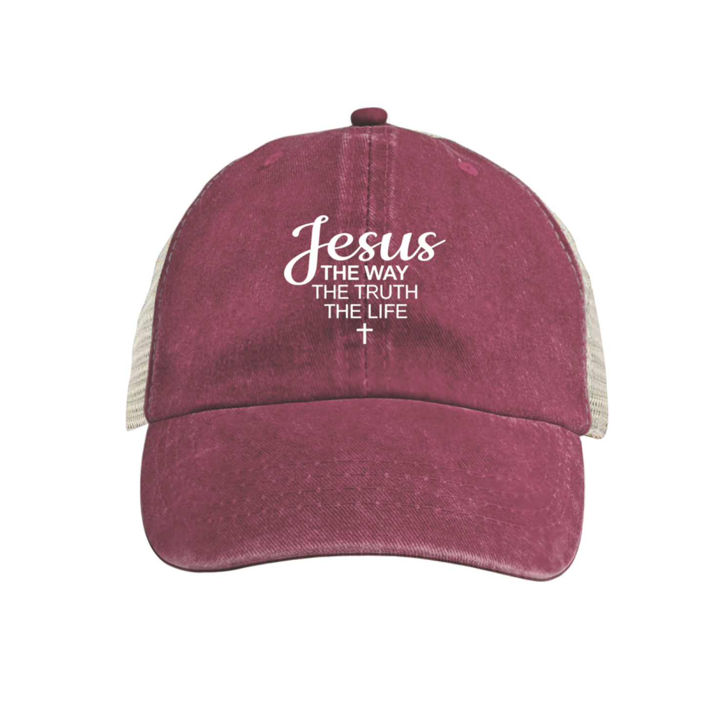 Jesus The Way Truth Life Cross Burgundy Vintage Mesh Religious Trucker Hat