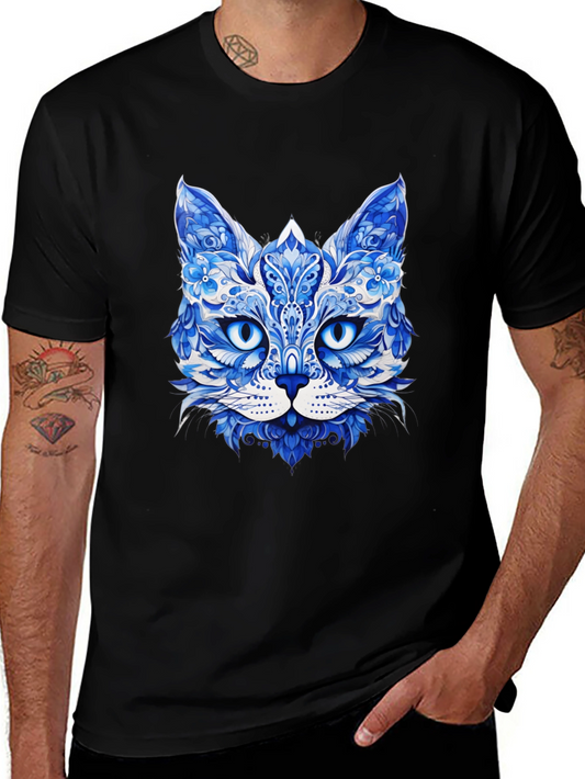 Blue Floral Cat Graphic Tee - Unique Artistic Design