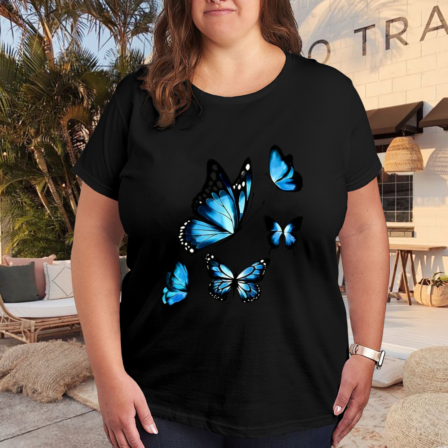 Stunning Bright Blue Morpho Butterflies Glossy Graphic Plus Size Women Printed T-Shirt