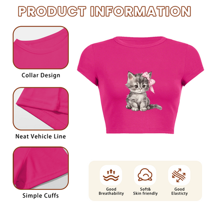 Pink Bow Cute Grey Kitten Hot Pink Crop Tee