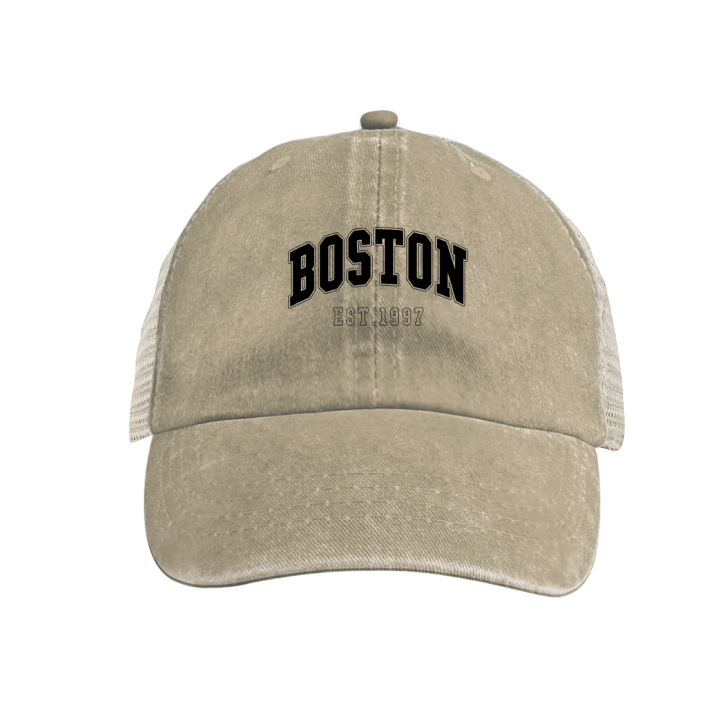 BOSTON EST.1997 Retro College Font Khaki Washed Mesh Trucker Hat, City Vintage Streetwear Cap