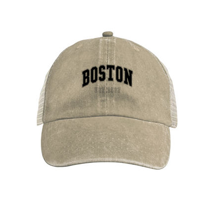BOSTON EST.1997 Retro College Font Khaki Washed Mesh Trucker Hat, City Vintage Streetwear Cap