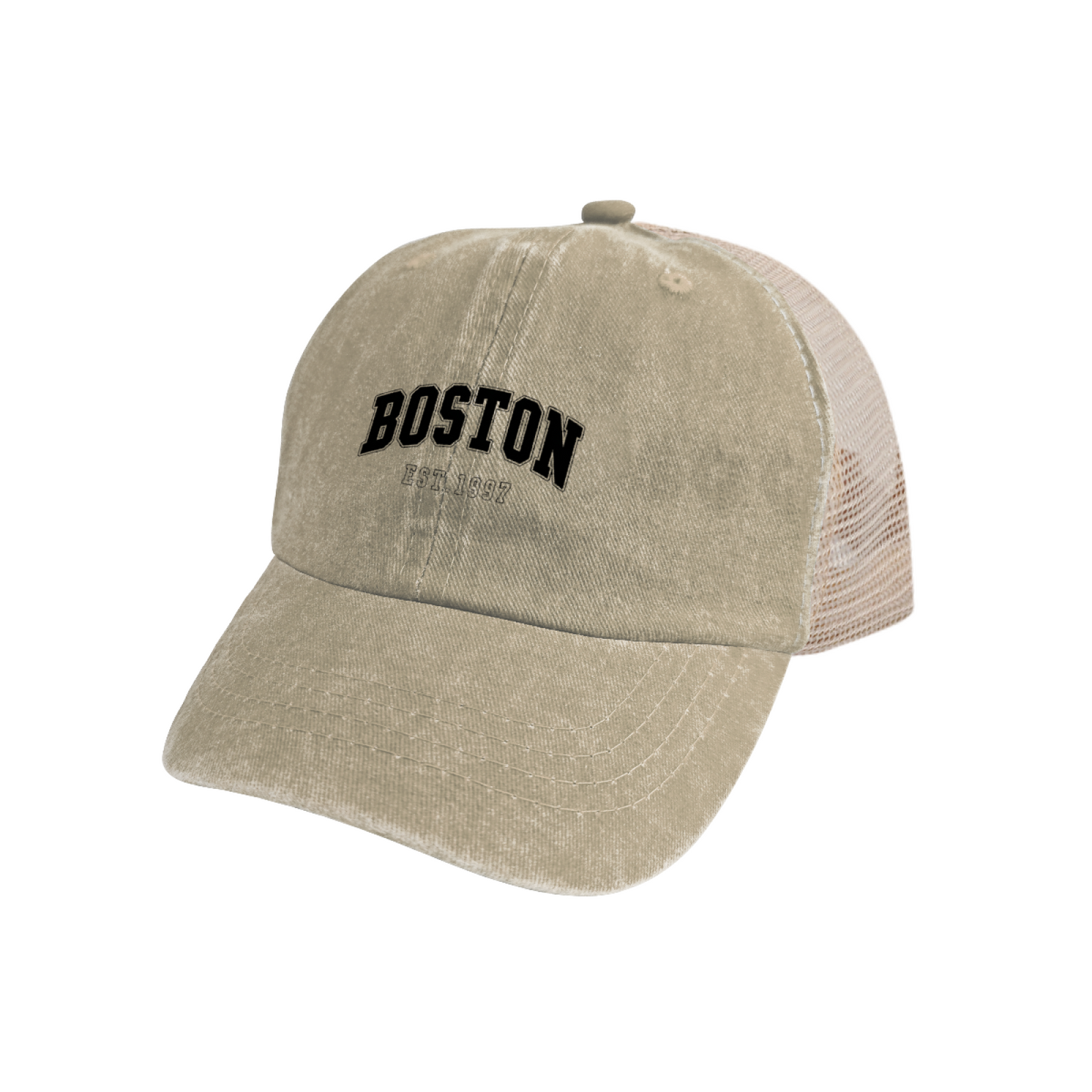BOSTON EST.1997 Retro College Font Khaki Washed Mesh Trucker Hat, City Vintage Streetwear Cap