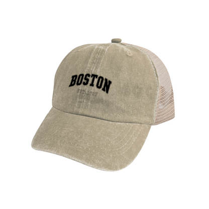 BOSTON EST.1997 Retro College Font Khaki Washed Mesh Trucker Hat, City Vintage Streetwear Cap
