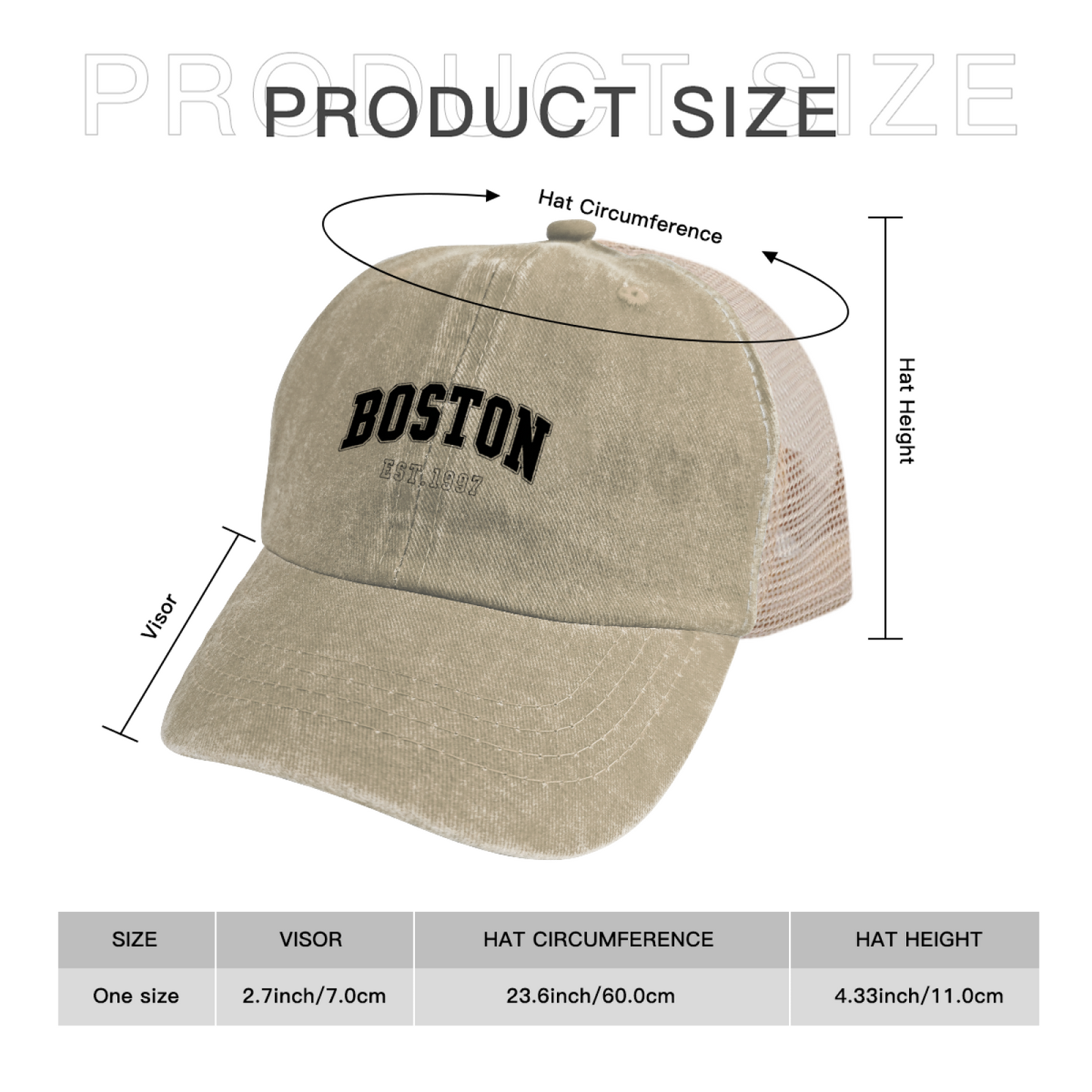 BOSTON EST.1997 Retro College Font Khaki Washed Mesh Trucker Hat, City Vintage Streetwear Cap