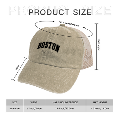 BOSTON EST.1997 Retro College Font Khaki Washed Mesh Trucker Hat, City Vintage Streetwear Cap