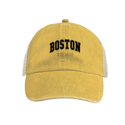 BOSTON EST.1997 Retro College Font Khaki Washed Mesh Trucker Hat, City Vintage Streetwear Cap