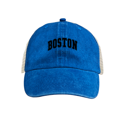 BOSTON EST.1997 Retro College Font Khaki Washed Mesh Trucker Hat, City Vintage Streetwear Cap