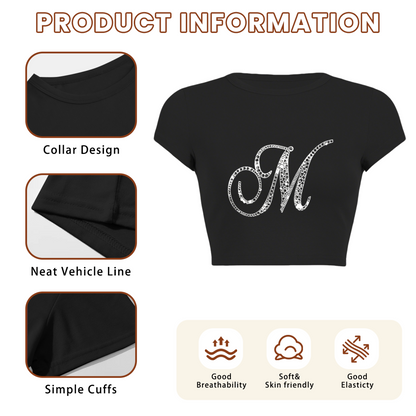 Sparkly Rhinestone Letter M Black Crop Top ¨C Bling Y2K Glam Baby Tee