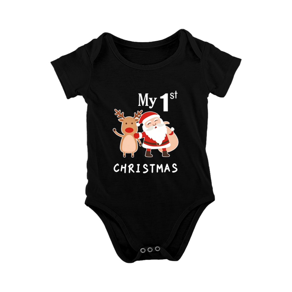 My 1st Christmas Santa & Reindeer Cute Black Infant Holiday Bodysuit