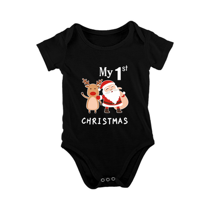 My 1st Christmas Santa & Reindeer Cute Black Infant Holiday Bodysuit
